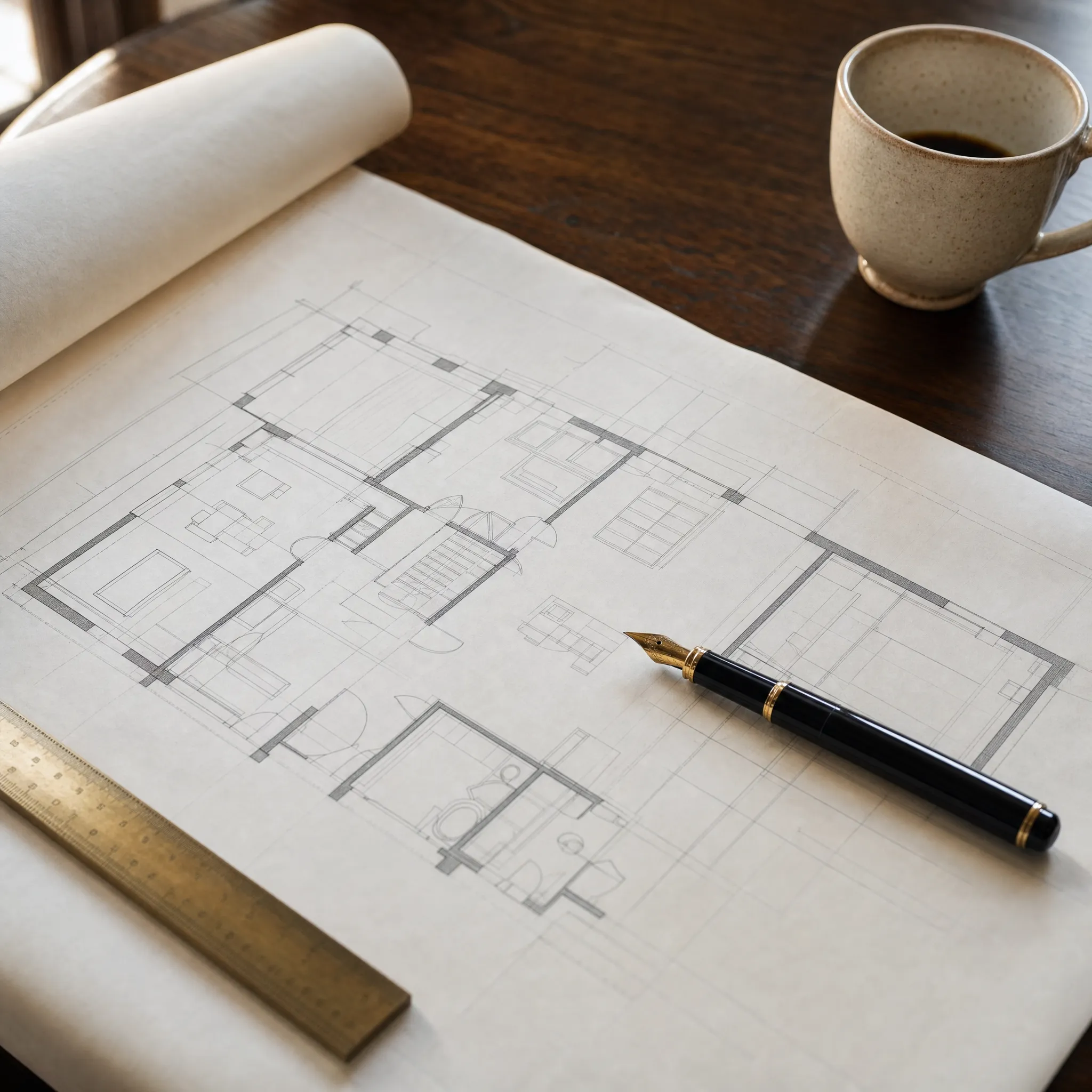 Architektur-Plan und Werkzeug auf Eichentisch